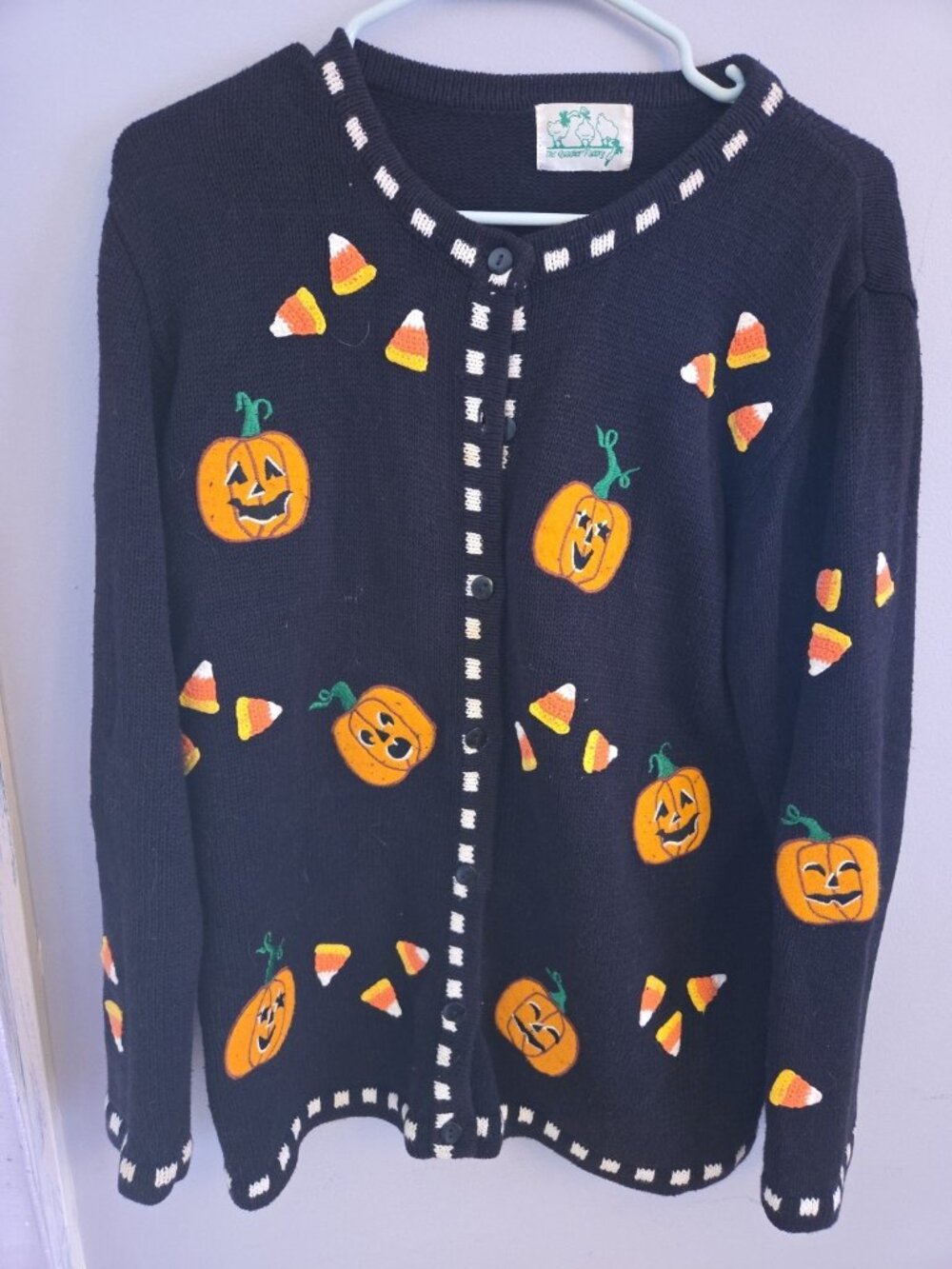 Vintage Quacker Factory Halloween L Embroidered Cardigan Sweater Pumpkin Crochet